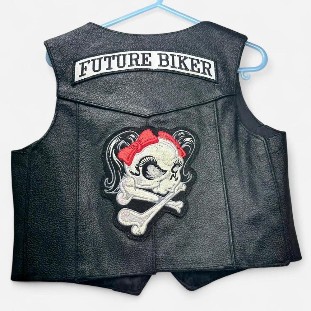 Kids Genuine Leather Future Biker Vest Skull Crossbones Black Size Medium